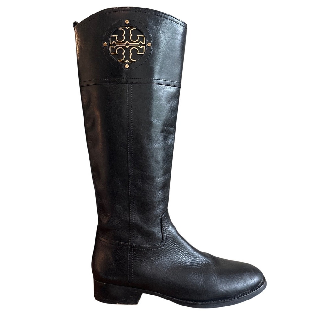 Tory Burch Kiernan Black Leather Riding Boots Gold Logo Knee High 9.5